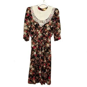 Vintage Lisa Petites 80s Lace Collar Floral Dress Size 10P Puff Sleeve ILGWU